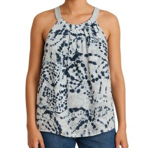 100% Linen Tie Dye Linen Tank Top Blue White Sleeveless Blouse Size Medium Boho